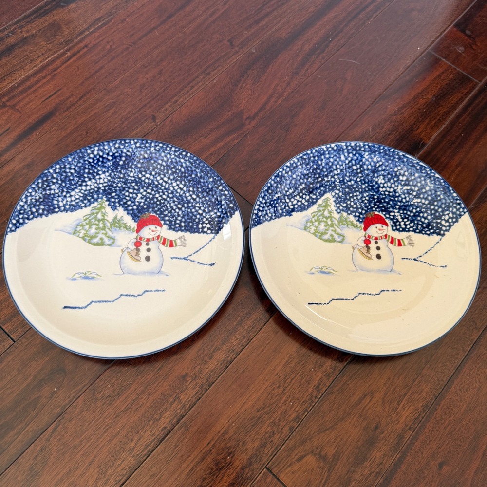 Thomson Pottery Snowman Dinner Plates Set 2 Winter Christmas Blue 11 Replacement